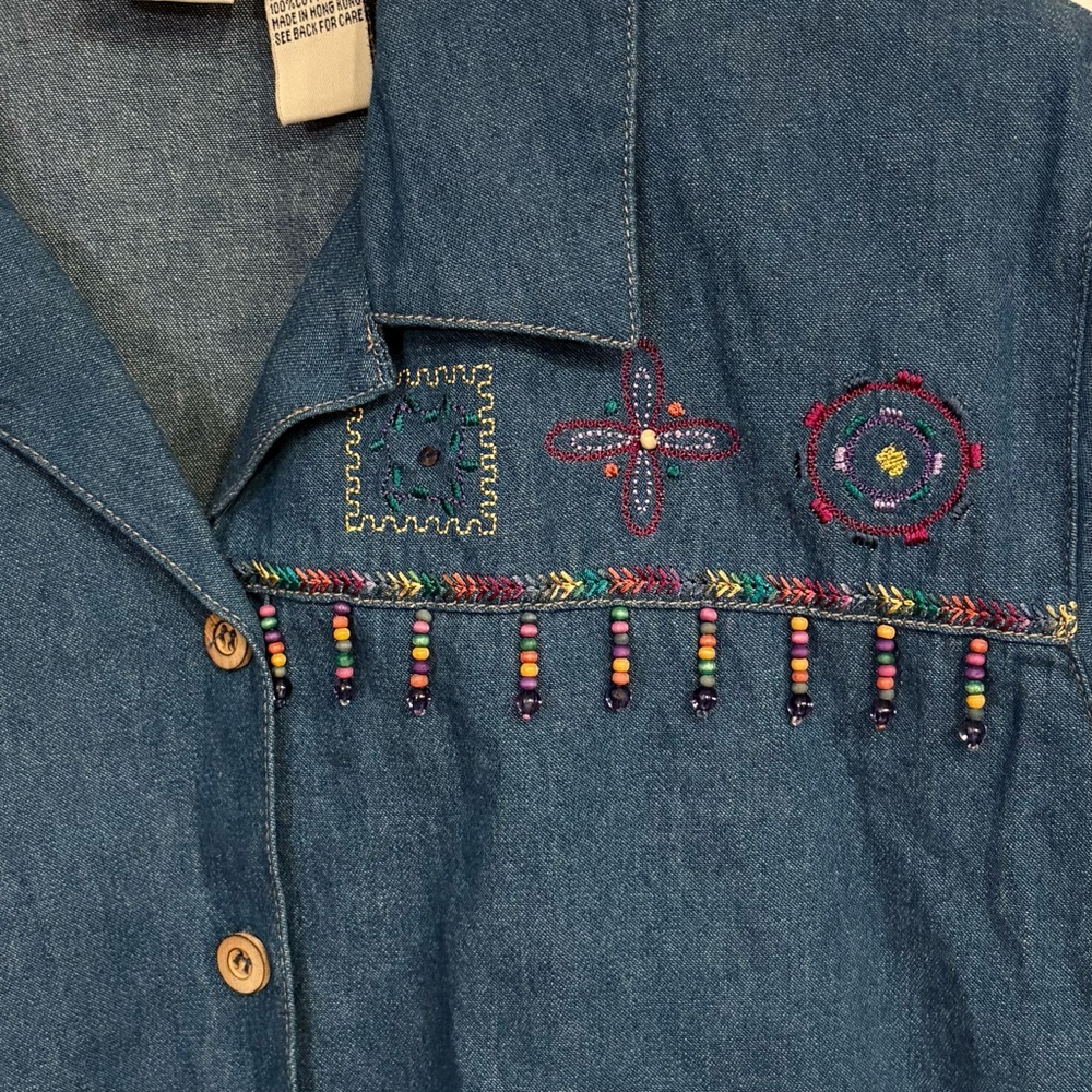 🔴 Koret City Blues Vintage 90s Embroidered Beaded Denim Shirt Art to Wear Large - Picture 3 of 10